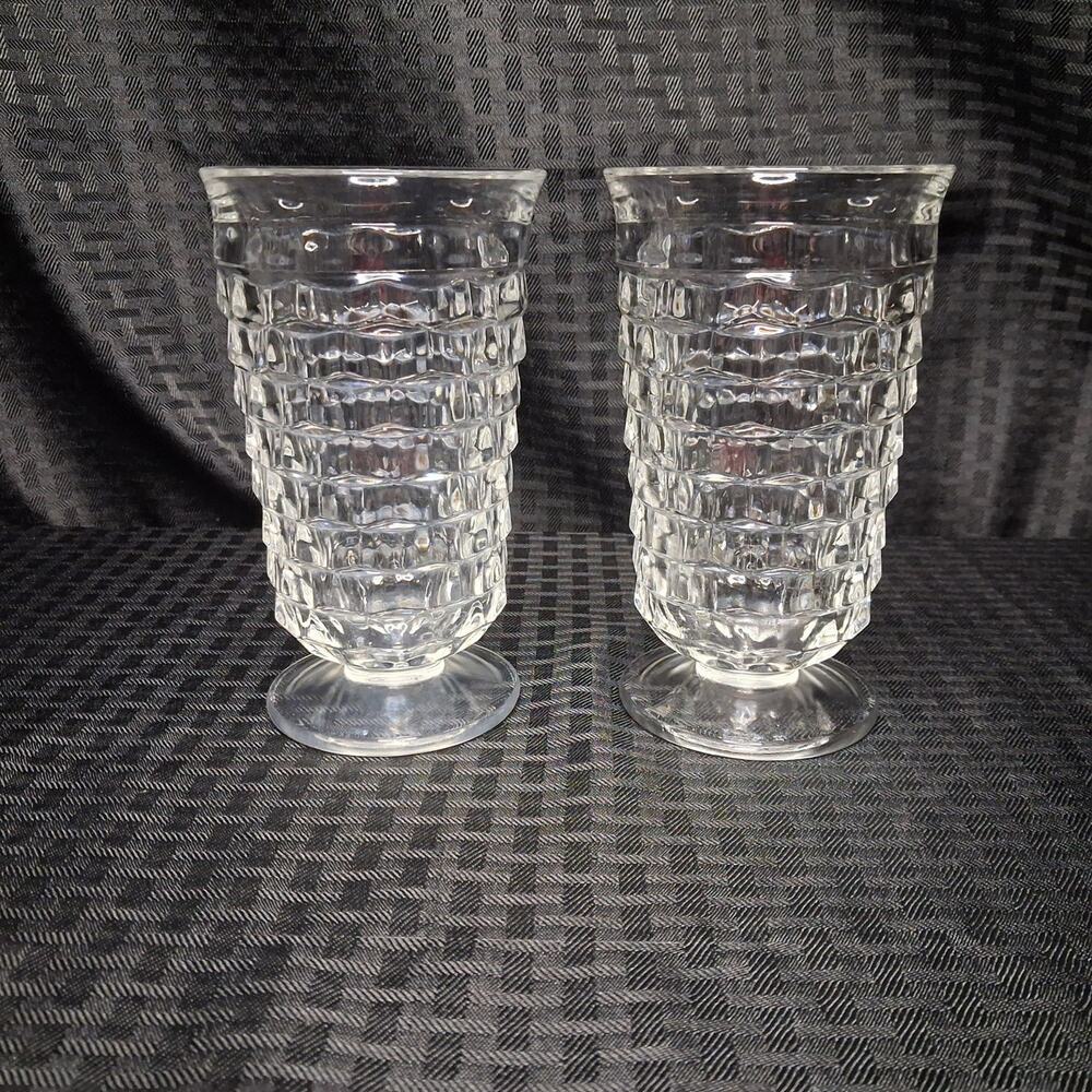 Vintage Fostoria American Glassware Cubist Footed Clear 6" Tea Tumblers Set of 2